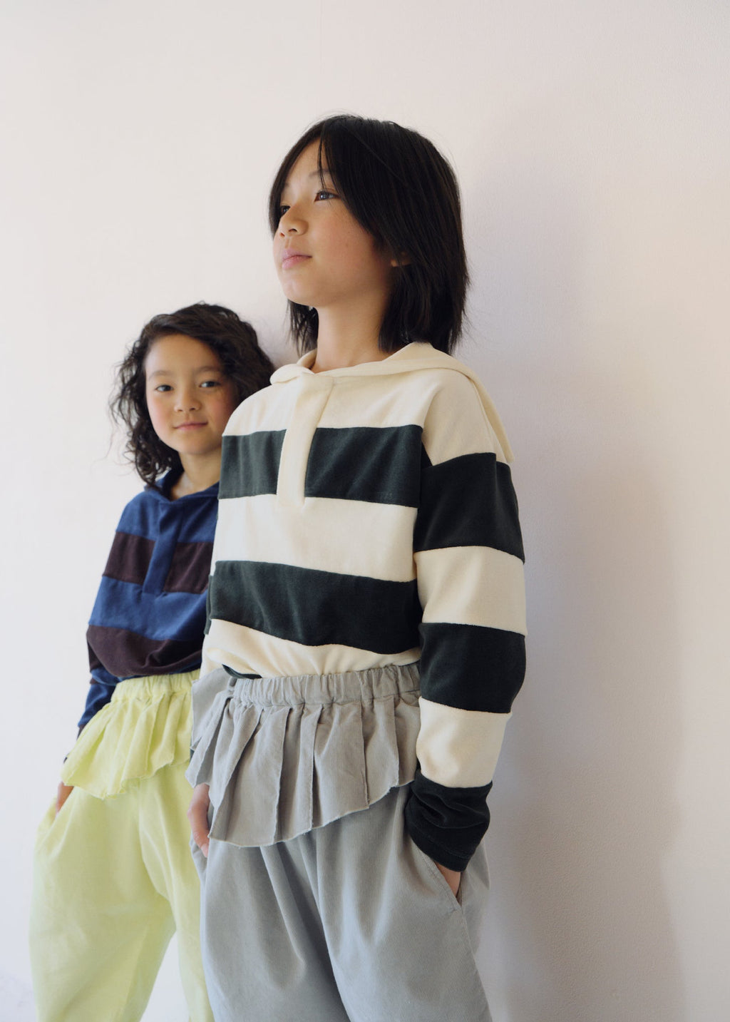 Velour Striped Pullover IVORY × MOSS GREEN