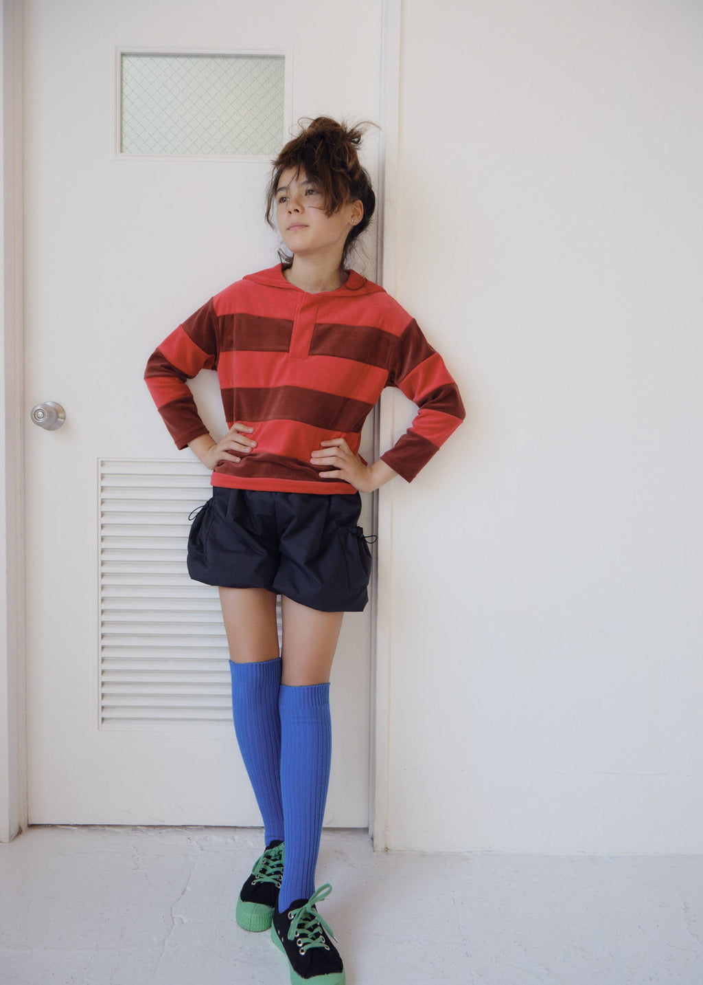 Velour Striped Pullover RED × MONKY BROWN
