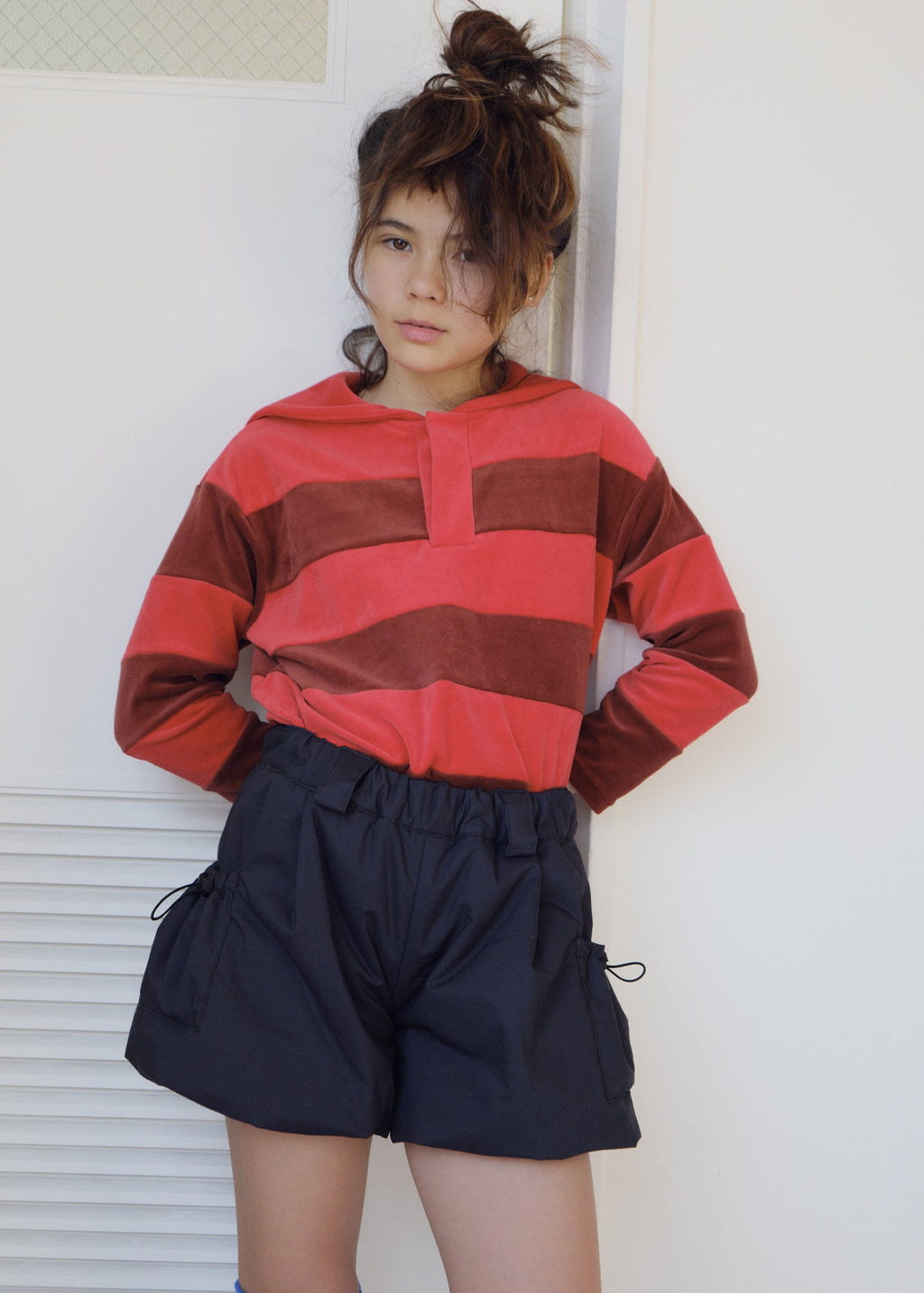 Velour Striped Pullover RED × MONKY BROWN